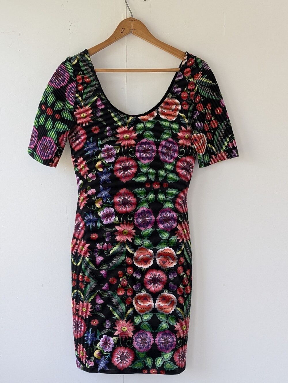 Desigual Black Floral Scoop-Neck Fitted Mini Dress Size Medium